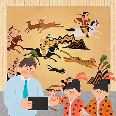 전신 여자 남자 어린이 일러스트 사슴 들기 소녀 소년 여러명 상반신 성인 태블릿 가리킴 말_동물 체험학습 체험 호랑이 승마 한국사 활 견학 수렵 역사탐방 풍속화 수렵도 국내일러스트 AI파일 교육 스포츠 다수 컨셉 포유류 모션 사람 손짓 전자제품 스마트기기 역사 그림 탐방 파일형식 벡터