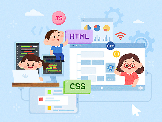 전신 학생 영어 여자 남자 어린이 하늘색 일러스트 수업 앉기 소녀 소년 상반신 성인 세명 노트북 가리킴 타이핑 커서 인터넷창 개발 온라인강의 프로그래밍 코딩 에듀테크 국내일러스트 AI파일 문자 교육 인터넷 모션 정보기술 사람 손짓 파란색 전자제품 작업 강의 컴퓨터교육 파일형식 벡터 언택트