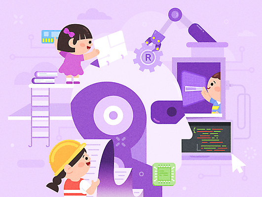 전신 학생 여자 남자 종이 어린이 일러스트 사다리 수업 들기 소녀 소년 상반신 세명 터치 가리킴 오픈 로봇 톱니바퀴 커서 연보라색 인터넷창 개발 전자칩 어린이만 코딩 에듀테크 국내일러스트 AI파일 교육 인터넷 모션 정보기술 사람 손짓 보라색 도구 메모리칩 컴퓨터교육 파일형식 벡터