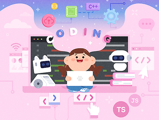 전신 학생 여자 어린이 분홍색 일러스트 수업 한명 들기 앉기 소녀 태블릿 모니터 로봇 커서 그라데이션 인터넷창 개발 소녀한명만 코딩 에듀테크 국내일러스트 AI파일 1 교육 컬러 인터넷 모션 정보기술 사람 전자제품 스마트기기 컴퓨터 컴퓨터교육 여자한명만 소녀만 파일형식 벡터