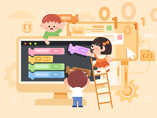 전신 학생 여자 남자 어린이 일러스트 사다리 수업 함께함 들기 소녀 소년 상반신 세명 모니터 주황색 커서 인터넷창 개발 프로그래밍 어린이만 코딩 에듀테크 국내일러스트 AI파일 교육 컬러 컨셉 인터넷 모션 정보기술 사람 컴퓨터 도구 작업 컴퓨터교육 파일형식 벡터