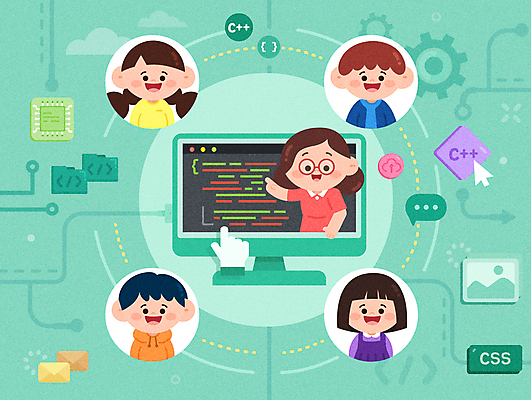 전신 학생 여자 남자 어린이 일러스트 수업 소녀 소년 여러명 상반신 성인 초록색 학습 모니터 교사 가리킴 커서 인터넷창 개발 온라인강의 코딩 에듀테크 국내일러스트 AI파일 직업 교육 컬러 다수 인터넷 정보기술 사람 손짓 컴퓨터 강의 컴퓨터교육 파일형식 벡터 언택트