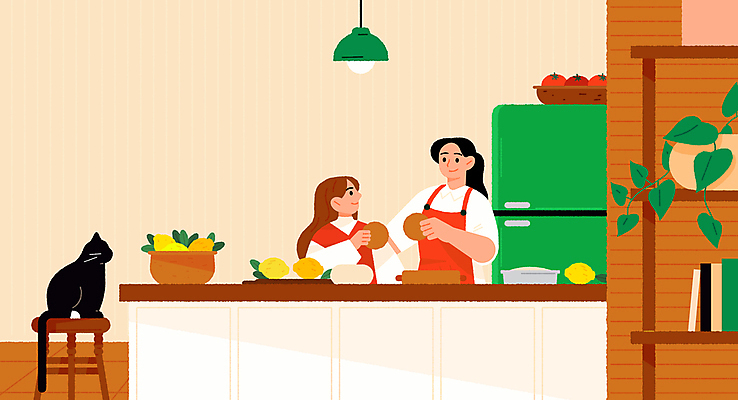 한마리 여자 화분 여유 일러스트 청소년 모녀 전등 요리 들기 상반신 성인 두명 마주보기 주방 고양이 재료손질 레몬 냉장고 전원생활 여자만 목가 국내일러스트 AI파일 1 딸 감정 과일 포유류 가족 모션 엄마 조명 사람 생활 반려동물 가전제품 손질 파일형식 벡터