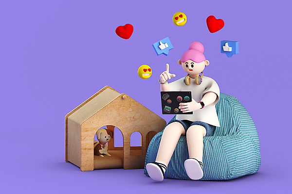 전신 PSD 편집이미지 한마리 여자 반려견 말풍선 3D캐릭터 표정 한명 들기 앉기 성인 반려동물 태블릿 3D 보라색 하트 가리킴 강아지 디지털합성 따봉 개집 소셜네트워크 좋음 성인여자한명만 빈백 월간캐릭터 편집3D 모양 동물 캐릭터 1 컬러 생활용품 컨셉 모션 사람 손짓 전자제품 스마트기기 최고 개 애견용품 여자한명만 성인여자만 파일형식