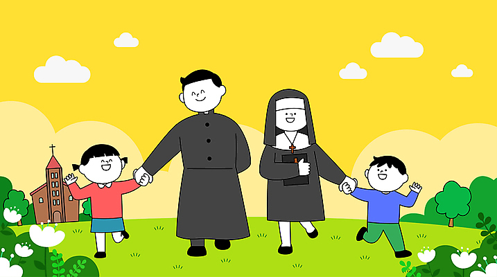 전신 나무 구름 여자 남자 꽃 어린이 일러스트 함께함 미소 들기 소녀 소년 여러명 성인 성당 걷기 손잡기 성경 화목 천주교 뒷짐 수녀 신부님 국내일러스트 AI파일 자연요소 식물 종교 다수 컨셉 종교용품 종교건축 모션 표정 사람 파일형식 벡터