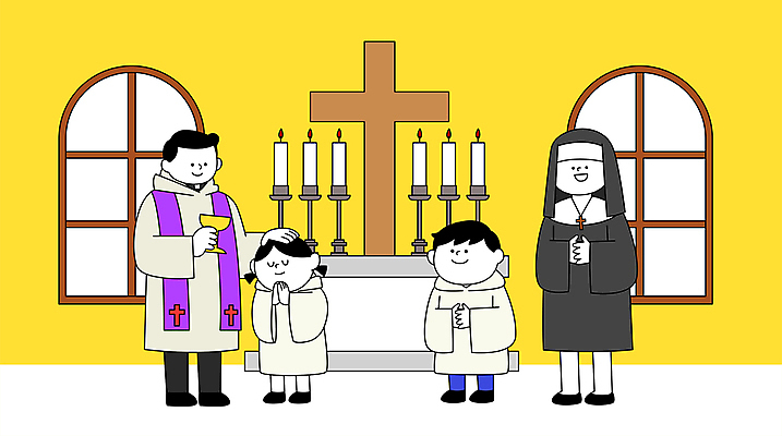 전신 여자 남자 어린이 십자가 일러스트 촛불 창문 소녀 소년 여러명 성인 성당 눈감음 천주교 기도 손모으기 단상 수녀 성찬기 세례 신부님 쓰다듬기 국내일러스트 AI파일 종교 다수 초 종교건축 모션 사람 손짓 파일형식 벡터