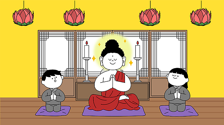 전신 여자 남자 어린이 불교 일러스트 촛불 방석 소녀 소년 성인 세명 눈감음 기도 무릎꿇기 가부좌 부처 연등 승복 합장 법당 국내일러스트 AI파일 종교 초 모션 사람 앉기 손짓 등불 불교용품 파일형식 벡터