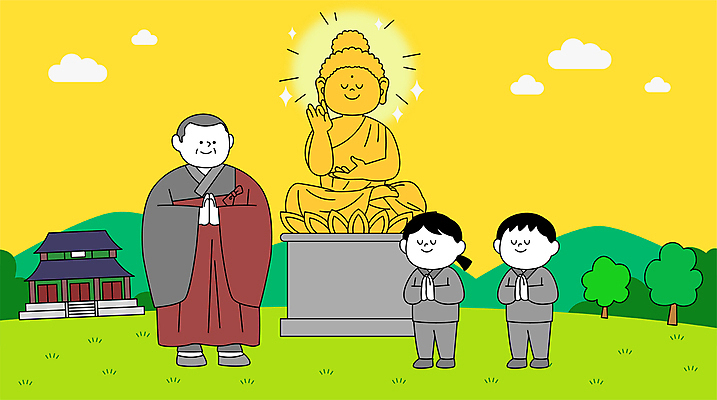 전신 나무 여자 남자 어린이 불교 일러스트 산 서기 소녀 소년 성인 세명 눈감음 사찰 승려 부처 승복 합장 금부처 부처님상 국내일러스트 AI파일 식물 종교 종교건축 모션 사람 손짓 성직자 불상 파일형식 벡터