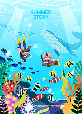 바다 여러마리 일러스트 휴식 사람없음 여름 파란색 여름휴가 바캉스 바닷속 수영 토끼 스노클링 산호 산호초 고래 오리발 잠수 즐거움 토끼캐릭터 힐링 잠수경 나비고기 블루탱 엔젤피쉬 흰동가리 흑토끼 국내일러스트 AI파일 계절 감정 컬러 동물캐릭터 다수 컨셉 포유류 휴가 어류 반려동물 수중 수중동물 수상스포츠 수중식물 자포동물 물안경 파일형식 벡터 여름_계절