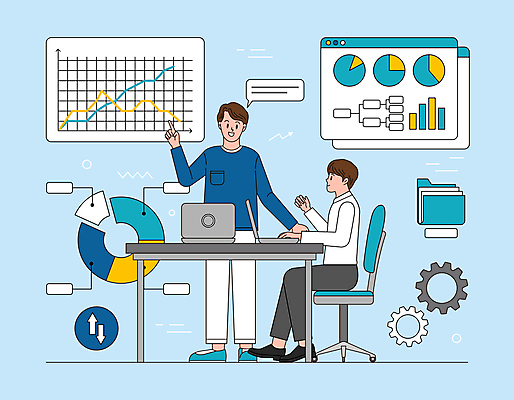 전신 남자 의자 일러스트 회의 그래프 대화 서기 앉기 손짓 성인 두명 파란색 노트북 자료 정보 가리킴 타이핑 업무 비즈니스맨 부속품 책상 분석 동료 톱니바퀴 문서 폴더 인터넷창 성인남자만 국내일러스트 AI파일 컬러 가구 컨셉 인터넷 비즈니스 관계 모션 말하기 사람 전자제품 작업 직장인 오브젝트 파일 남자만 성인만 파일형식 벡터