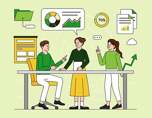 전신 여자 남자 화살표 말풍선 의자 일러스트 회의 그래프 대화 서기 앉기 손짓 성인 세명 초록색 자료 정보 가리킴 비즈니스맨 비즈니스우먼 책상 분석 문서 상승 폴더 성인만 국내일러스트 AI파일 컬러 가구 컨셉 비즈니스 모션 말하기 사람 직장인 파일 파일형식 벡터