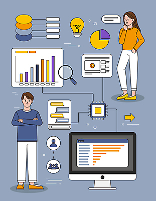 전신 여자 남자 화살표 말풍선 생각 일러스트 전구 돋보기 그래프 사람모양 서기 성인 두명 팔짱 모니터 자료 정보 연결 분석 고민 문서 인터넷창 반도체칩 채팅 성인만 국내일러스트 AI파일 모양 감정 컨셉 인터넷 모션 사람 컴퓨터 메모리칩 파일형식 벡터