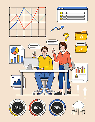 전신 여자 남자 화살표 말풍선 의자 일러스트 회의 그래프 대화 서기 앉기 성인 두명 태블릿 모니터 자료 정보 가리킴 책상 분석 호기심 문서 폴더 인터넷창 성인만 국내일러스트 AI파일 감정 가구 컨셉 인터넷 비즈니스 모션 말하기 사람 손짓 전자제품 스마트기기 컴퓨터 파일 파일형식 벡터