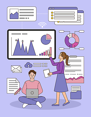 전신 여자 남자 일러스트 그래프 서기 들기 앉기 성인 두명 노트북 연필 스크린 보라색 자료 정보 가리킴 타이핑 분석 문서 폴더 인터넷창 성인만 국내일러스트 AI파일 컬러 컨셉 인터넷 모션 학용품 사람 손짓 전자제품 필기구 파일 파일형식 벡터