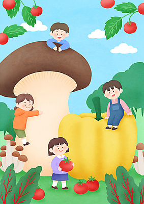 전신 PSD 구름 여자 남자 어린이 일러스트 방울토마토 하늘 파프리카 매달리기 서기 들기 앉기 소녀 소년 여러명 상반신 눈감음 버섯 근대 브로콜리 어린이만 국내일러스트 자연요소 다수 토마토 채소 모션 사람 파일형식