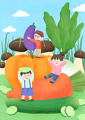 전신 PSD 여자 남자 어린이 일러스트 가지 오이 서기 들기 앉기 소녀 소년 세명 버섯 당근 만세 무 슬라이스 어린이만 국내일러스트 채소 모션 뿌리채소 사람 파일형식