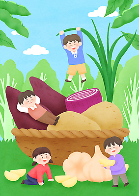 전신 PSD 여자 남자 어린이 일러스트 감자 매달리기 마늘 서기 들기 소녀 소년 여러명 눕기 바구니 잠 무릎꿇기 배추 완두콩 고구마 파 적양파 통마늘 어린이만 국내일러스트 다수 채소 모션 양파 콩 뿌리채소 사람 파일형식