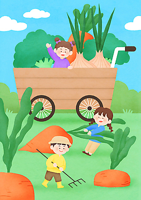 전신 PSD 구름 여자 남자 어린이 일러스트 하늘 양파 미소 들기 소녀 소년 상반신 세명 수레 당근 당기기 브로콜리 손인사 갈퀴 뽑기 어린이만 국내일러스트 자연요소 채소 모션 뿌리채소 표정 사람 카트 인사 파일형식