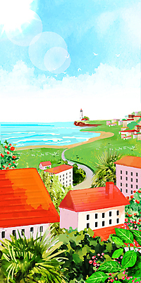 PSD 구름 열매 바다 일러스트 하늘 나뭇잎 수채화 주택 등대 풍경 해변 사람없음 여름 햇빛 태양 마을 해안도시 풍경화 여름배경 국내일러스트 자연요소 식물 계절 백그라운드 잎 건물 도시 그림 파일형식