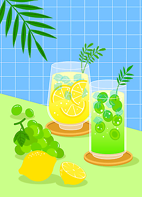 하늘색 일러스트 디저트 잔 사람없음 연두색 여름 얼음 카페 풀잎 레몬 레모네이드 청포도 냉음료 청포도에이드 국내일러스트 AI파일 자연요소 식기 계절 음료 음식 잎 과일 포도 초록색 파란색 상점 풀_식물 에이드 파일형식 벡터