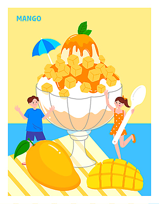 전신 여자 남자 포스터 일러스트 우산 팔벌리기 아이스크림 들기 성인 사람없음 두명 여름 노란색 손들기 숟가락 빙수 망고 성인만 망고빙수 국내일러스트 AI파일 계절 컬러 모션 디저트 수저 사람 열대과일 파일형식 벡터