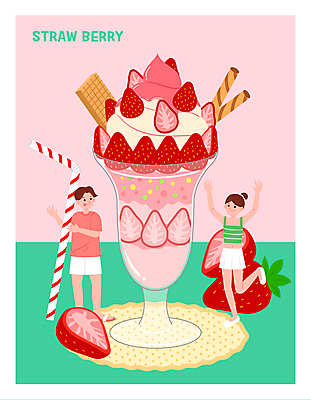 전신 여자 남자 분홍색 일러스트 딸기 빨대 들기 성인 사람없음 두명 여름 카페 만세 파르페 딸기빙수 한발서기 성인만 웨하스 국내일러스트 AI파일 계절 컬러 과일 모션 디저트 서기 사람 쿠키 상점 빙수 파일형식 벡터