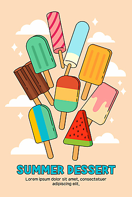 구름 포스터 일러스트 아이스크림 사람없음 여름 반짝임 컬러풀 막대아이스크림 국내일러스트 AI파일 자연요소 계절 컬러 모션 디저트 파일형식 벡터