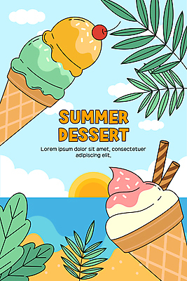 구름 일러스트 하늘 나뭇잎 디저트 해변 사람없음 여름 태양 풀잎 콘아이스크림 야자수잎 국내일러스트 AI파일 자연요소 계절 음식 바다 잎 아이스크림 풀_식물 파일형식 벡터