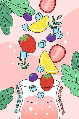 포스터 분홍색 잎 과일 일러스트 딸기 단면 디저트 사람없음 여름 얼음 풀잎 레몬 블루베리 에이드 국내일러스트 AI파일 자연요소 식물 계절 음료 음식 컬러 풀_식물 파일형식 벡터