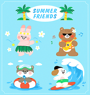 구름 파도 동물캐릭터 스티커 연주 음표 여러마리 일러스트 곰 어류 들기 사람없음 여름 여름휴가 세트 선글라스 야자수 귀여움 물방울 토끼 서핑보드 서핑 개 우쿨렐레 튜브 서퍼 훌라춤 잠수경 수달 하와이무궁화 하와이안 히비스커스 일러캐릭터 AI파일 자연요소 나무 동물 캐릭터 기호 계절 패션 꽃 안경 음악 바다 다수 컨셉 포유류 모션 현악기 휴가 운동선수 반려동물 수중동물 춤 수상스포츠 보드_스포츠 물안경 파일형식 벡터 여름_계절
