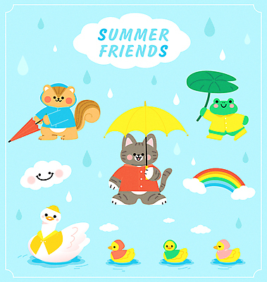 구름 물결 새끼 동물캐릭터 무지개 스티커 여러마리 일러스트 우산 오리 병아리 개구리 들기 사람없음 여름 세트 귀여움 눈감음 고양이 물방울 비 어미 다람쥐 우비 나뭇잎우산 일러캐릭터 AI파일 자연요소 동물 캐릭터 옷 계절 다수 컨셉 포유류 모션 조류 날씨 양서류 반려동물 설치류 파일형식 벡터