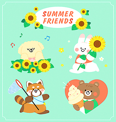 꽃 동물캐릭터 스티커 음표 여러마리 일러스트 곰 해바라기 들기 사람없음 여름 세트 걷기 귀여움 눈감음 턱괴기 하트 토끼 강아지 곤충채집 콘아이스크림 채집망 레서판다 일러캐릭터 AI파일 모양 식물 동물 캐릭터 기호 계절 음악 다수 곤충 컨셉 포유류 모션 아이스크림 반려동물 개 수집 파일형식 벡터