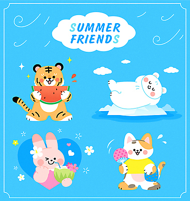 구름 꽃 동물캐릭터 스티커 가방 여러마리 일러스트 바람 수박 들기 사람없음 여름 세트 눕기 귀여움 고양이 마시기 하트 토끼 부채 호랑이 먹기 북극곰 빙하 낮잠 코코넛 부채질 코코넛주스 히비스커스 땀흘리기 일러캐릭터 AI파일 자연요소 모양 식물 동물 캐릭터 잡화 계절 다수 컨셉 과일 곰 포유류 모션 날씨 반려동물 주스 잠 파일형식 벡터