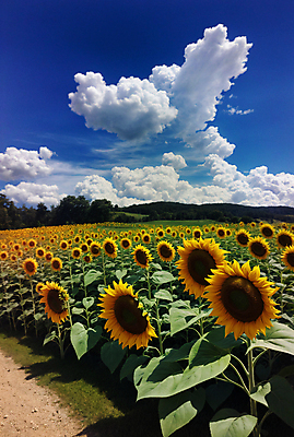 JPG 주간 구름 편집이미지 꽃밭 하늘 해바라기 풍경 사람없음 야외 여름 입막음 편집실사 AI포토 AI콘텐츠 자연요소 계절 꽃 CG 파일형식