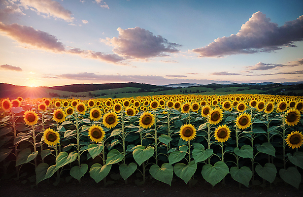 JPG 주간 구름 편집이미지 꽃밭 하늘 해바라기 풍경 사람없음 야외 여름 햇빛 일몰 편집실사 AI포토 AI콘텐츠 자연요소 계절 꽃 태양 노을 CG 파일형식