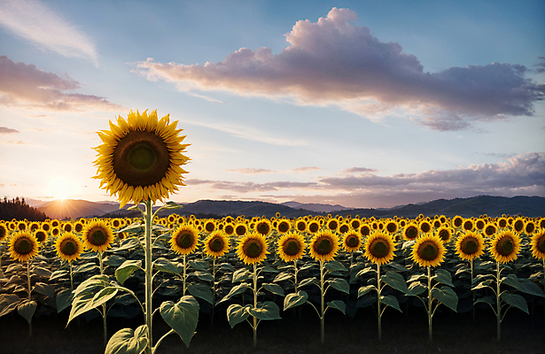 JPG 주간 구름 편집이미지 꽃밭 하늘 해바라기 풍경 사람없음 야외 여름 햇빛 일몰 편집실사 AI포토 AI콘텐츠 자연요소 계절 꽃 태양 노을 CG 파일형식