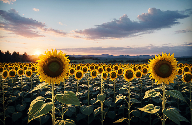 JPG 주간 구름 편집이미지 꽃밭 하늘 해바라기 풍경 사람없음 야외 여름 햇빛 일몰 편집실사 AI포토 AI콘텐츠 자연요소 계절 꽃 태양 노을 CG 파일형식