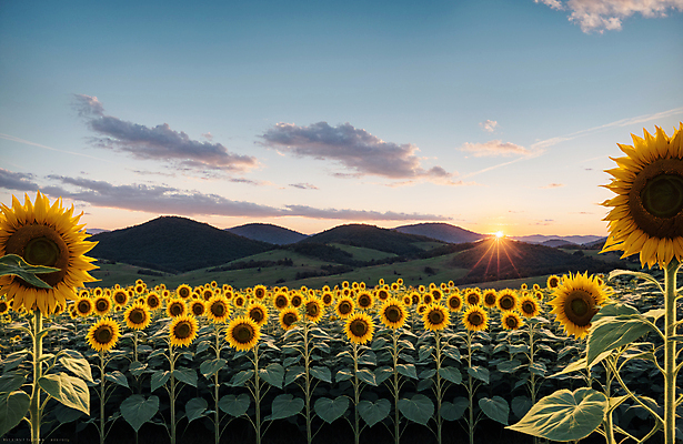 JPG 주간 구름 편집이미지 꽃밭 하늘 해바라기 산 풍경 사람없음 야외 여름 햇빛 일몰 편집실사 AI포토 AI콘텐츠 자연요소 계절 꽃 태양 노을 CG 파일형식