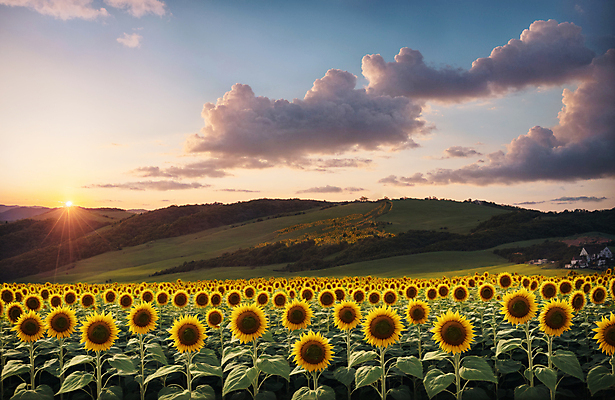 JPG 주간 구름 편집이미지 꽃밭 하늘 해바라기 산 풍경 사람없음 야외 여름 햇빛 일몰 편집실사 AI포토 AI콘텐츠 자연요소 계절 꽃 태양 노을 CG 파일형식