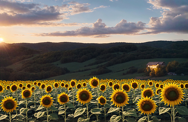 JPG 주간 구름 편집이미지 꽃밭 하늘 해바라기 산 주택 풍경 사람없음 야외 여름 일몰 편집실사 AI포토 AI콘텐츠 자연요소 계절 꽃 건물 노을 CG 파일형식