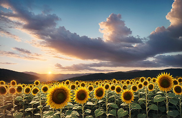 JPG 주간 구름 편집이미지 꽃밭 하늘 해바라기 풍경 사람없음 야외 여름 햇빛 일몰 편집실사 AI포토 AI콘텐츠 자연요소 계절 꽃 태양 노을 CG 파일형식
