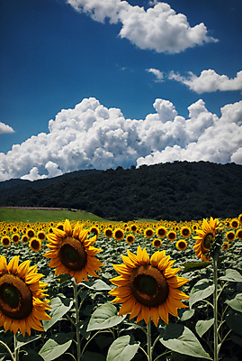 JPG 주간 구름 편집이미지 꽃밭 하늘 해바라기 풍경 사람없음 야외 여름 맑음 편집실사 AI포토 AI콘텐츠 자연요소 계절 꽃 날씨 CG 파일형식