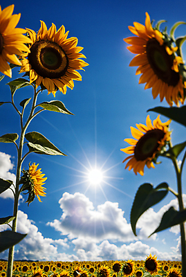 JPG 주간 구름 편집이미지 꽃밭 하늘 해바라기 풍경 사람없음 야외 여름 햇빛 맑음 편집실사 AI포토 AI콘텐츠 자연요소 계절 꽃 날씨 태양 CG 파일형식