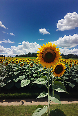 JPG 주간 구름 편집이미지 꽃밭 하늘 해바라기 풍경 사람없음 야외 여름 맑음 편집실사 AI포토 AI콘텐츠 자연요소 계절 꽃 날씨 CG 파일형식