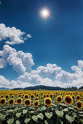 JPG 주간 구름 편집이미지 꽃밭 하늘 해바라기 풍경 사람없음 야외 여름 햇빛 맑음 편집실사 AI포토 AI콘텐츠 자연요소 계절 꽃 날씨 태양 CG 파일형식