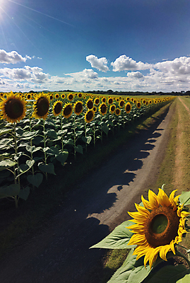 JPG 주간 구름 편집이미지 길 꽃밭 하늘 해바라기 풍경 사람없음 야외 여름 맑음 편집실사 AI포토 AI콘텐츠 자연요소 계절 꽃 날씨 CG 파일형식