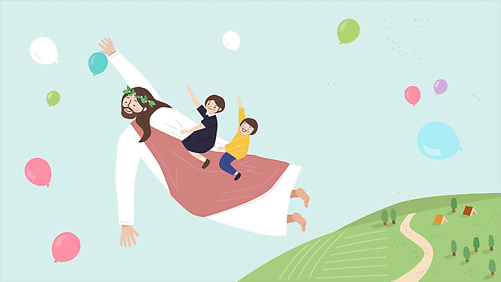 전신 나무 여자 남자 기독교 어린이 하늘 주택 소녀 소년 초원 성인 세명 비행 가리킴 예수 승차 즐거움 풍선 동행 모션그래픽 MP4 MOV 식물 감정 종교 모션 사람 손짓 건물 신_종교 동영상 파일형식