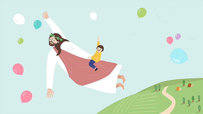 전신 나무 여자 남자 기독교 어린이 하늘 주택 소년 초원 성인 두명 비행 가리킴 예수 승차 즐거움 풍선 동행 모션그래픽 MP4 MOV 식물 감정 종교 모션 사람 손짓 건물 신_종교 동영상 파일형식