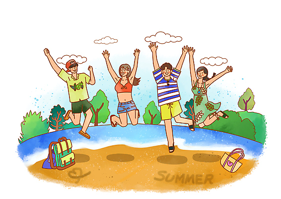 전신 PSD 나무 구름 여자 남자 가방 일러스트 배낭 여러명 성인 해변 여름 여름휴가 바캉스 점프 파이팅 만세 풀 즐거움 성인만 국내일러스트 자연요소 식물 잡화 계절 감정 바다 다수 모션 휴가 사람 파일형식 여름_계절