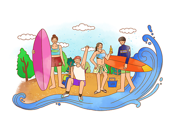 전신 PSD 나무 구름 여자 남자 파도 허리손 가방 일러스트 병맥주 서기 들기 앉기 여러명 성인 해변 여름 여름휴가 바캉스 손들기 서핑보드 서핑 서퍼 아이스박스 성인만 국내일러스트 자연요소 식물 잡화 계절 바다 포즈 다수 모션 휴가 운동선수 맥주 사람 수상스포츠 보드_스포츠 파일형식 여름_계절